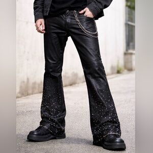 Gunzinii Coated Black Rhinestone Flare pants men's Size 40 Y2K Studded Chain